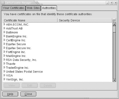 The Netscape 6.1 list of recognized CAs