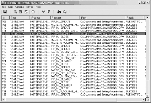 Filtered capture of NOTEPAD.exe system file calls