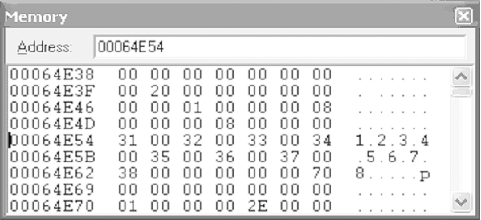 The Memory window displays the correct serial