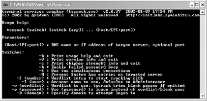 tscrack’s help screen and options