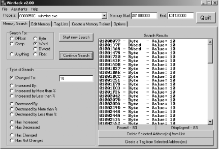 WinHack, showing all the initially changed memory locations
