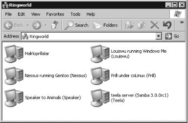 Windows displays the value of the server string variable alongside the NetBIOS name in its network browser