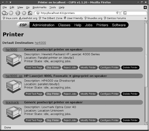 CUPS provides a web-based tool for managing printers