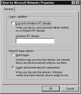 The Windows 9x/Me Client for Microsoft Networks Properties dialog box