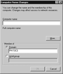 Windows NT/200x/XP lets you set the computer’s name and its workgroup or domain affiliation in a single dialog box