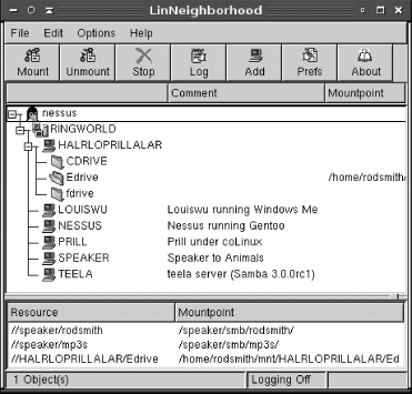 The main LinNeighborhood window provides point-and-click network browsing