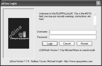 Once pGina is working, it presents its own logon screen rather than the default Windows logon screen