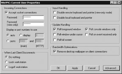 The Windows VNC server uses a GUI tool to set options that are set via command-line switches in Linux