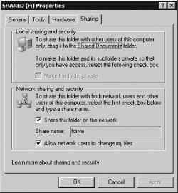 The Properties dialog box for a disk or directory enables sharing via SMB/CIFS