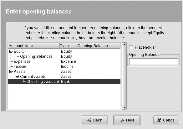Opening balances page