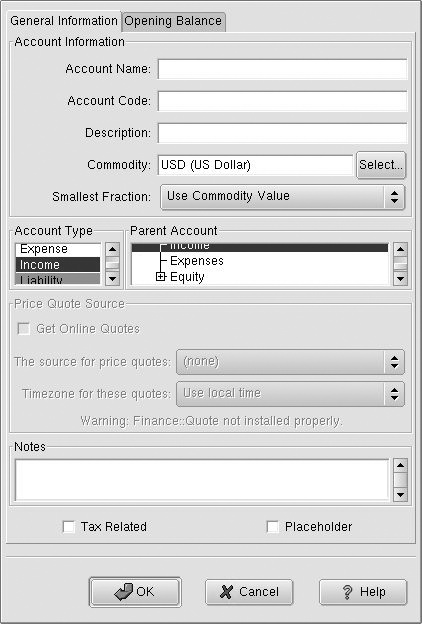The New Account screen
