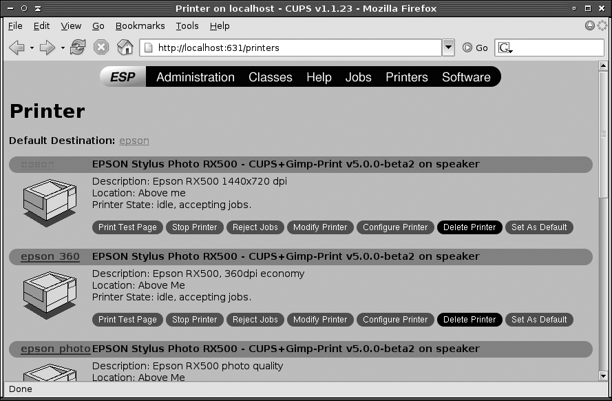 The CUPS web-based administrative tool lists all printers, including those detected on other systems