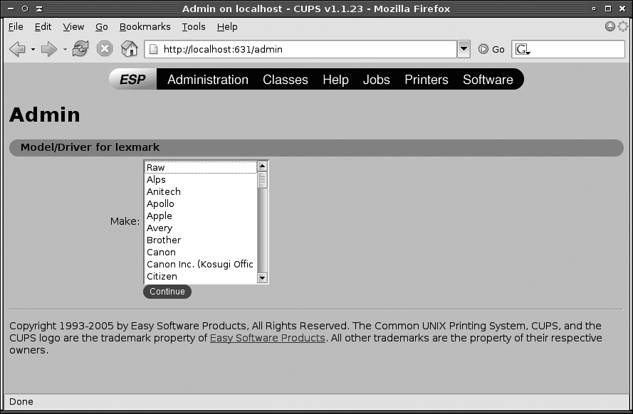 CUPS configured with printer definitions