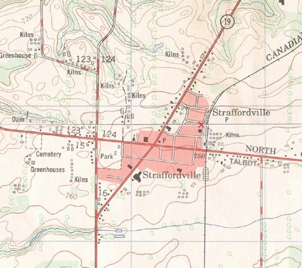 Part of the topographic map of my home town in southern Ontario, Canada; my home was located at the X symbol. Portions of NTS map sheets 40l/15c and 10c/15c ©2005. Produced under licence from Her Majesty the Queen in Right of Canada, with permission of Natural Resources Canada.