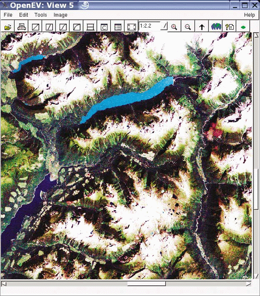 A Landsat satellite image being viewed with OpenEV and an equalization enhancement