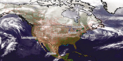 A combined vector and raster map over North America
