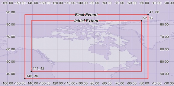 Map of showing the initial and final extents used for a map of Canada
