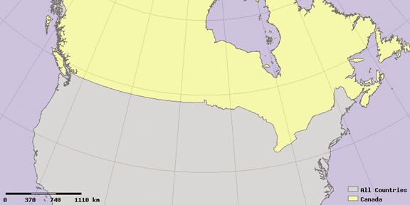 An initial guess for setting the map extents using an LCC projection of Canada
