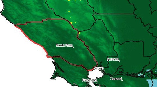 Sonoma County highlighted using a second class with a different color, line thickness and expression parameter