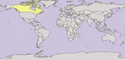 The map results of Example 14-3 showing the base map class and a filtered class only showing Canada
