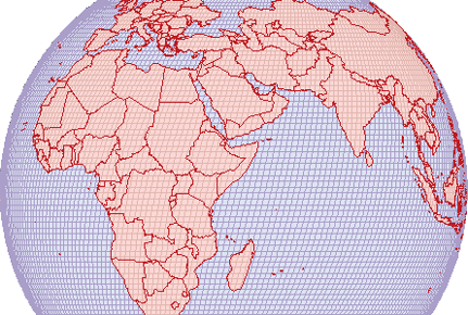 Map of the Eastern Hemisphere using orthographic projection