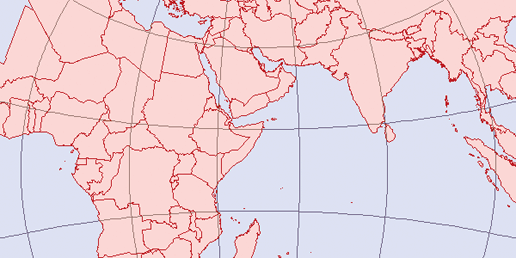 Map of Africa and south Asia in Transverse Mercator projection