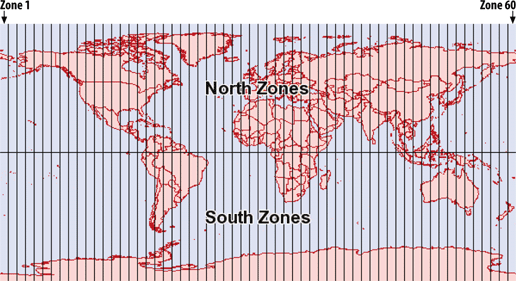 UTM zone map showing, roughly, the location of the zones