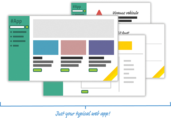 An illustration shows a set of windows that represent a typical web app. The left pane of the app shows a search bar and a set of navigation links. The right pane shows several thumbnails and related content.