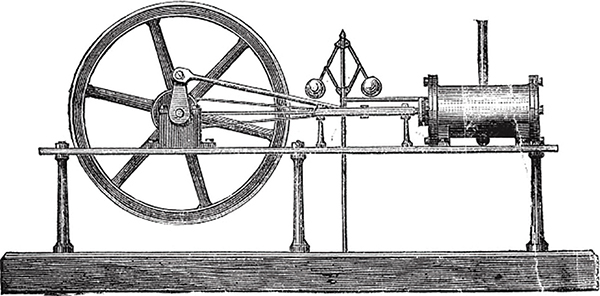 The illustration shows an old steam engine with a wooden base at the bottom, a wheel on the left, and a motor on the right.