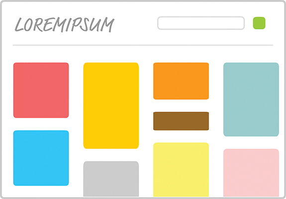 An illustration of the finished app is shown. The name of the app is displayed at the top-left, a search bar is present at the top-right, and various thumbnails that represent the contents on the app page are present below this.