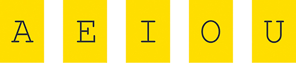 The vowels: "A, E, I, O, U" are displayed side by side, with each vowel present in a block filled with a color.