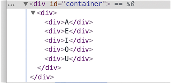 The DOM structure for the vowels as seen in the browser.