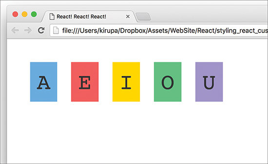 The vowels: "A, E, I, O, U" are displayed side by side in individual blocks with varying background colors.
