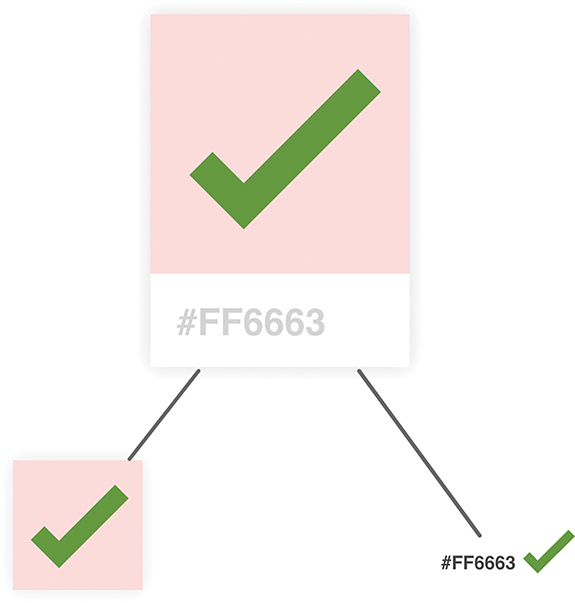 The palette card is divided into the pink box and the hex code label alone without the white region. A tick mark is present over the palette card, the pink box, and the label.