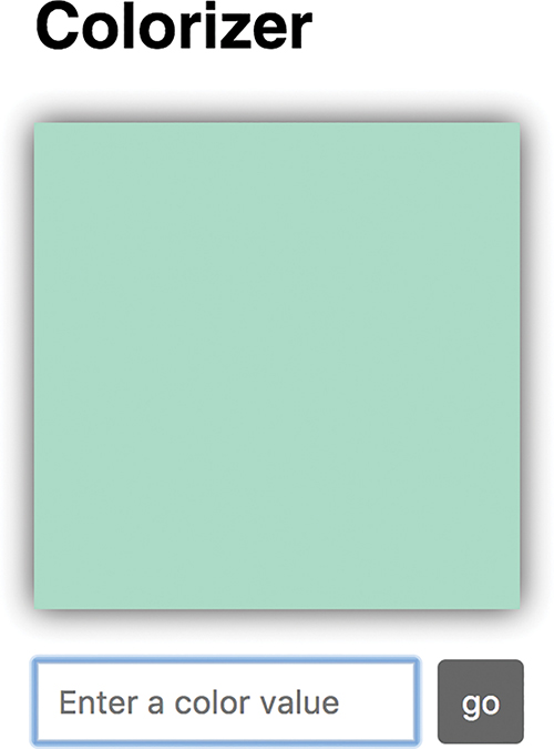 The square box (that is filled with a color), along with the text field and the go button are shown. The text "Colorizer" appears above the square.
