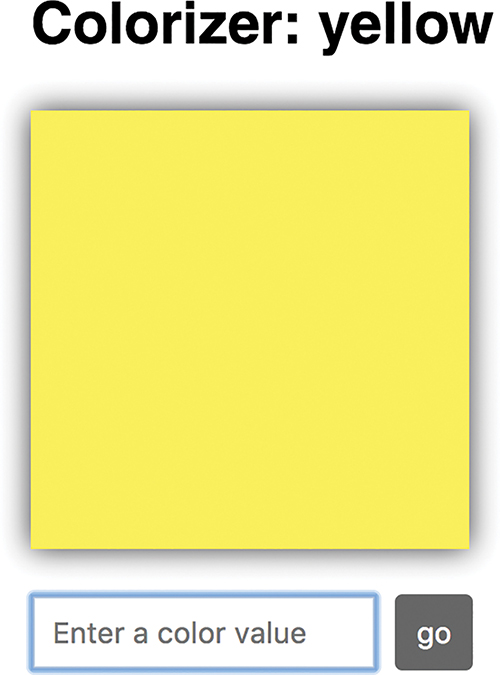 The square appears yellow, and the text over the square reads "Colorizer: yellow." The text field is empty.