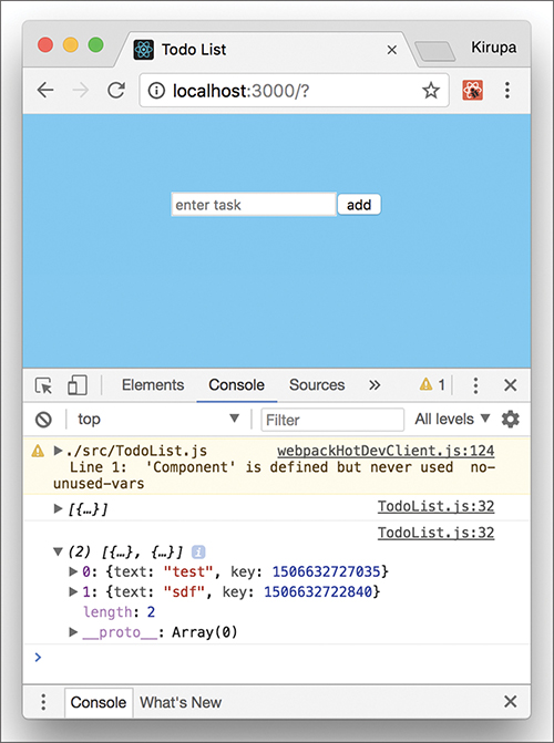 The console view shows the stored entries.