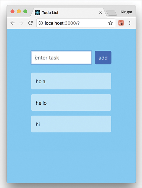 Three entries: "hola," "hello," and "hi" appear in rectangular sections below the text field in the app screen. The entries appear neat and organized.
