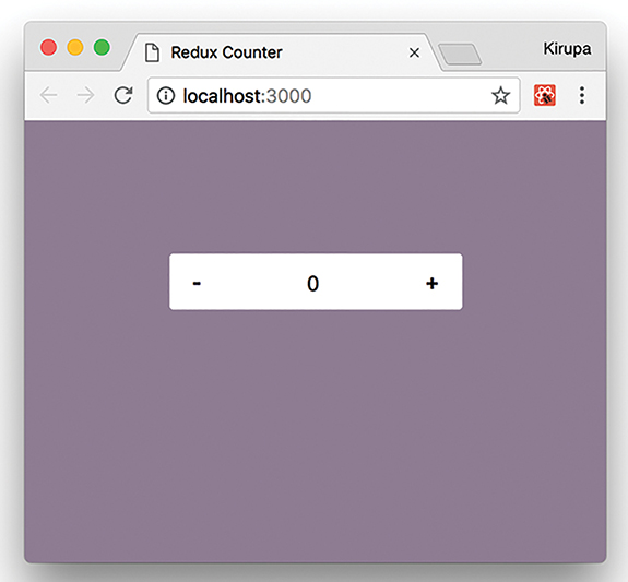 A screenshot shows the Redux Counter app. The number 0 is displayed in a box, with a minus button and a plus button present at the left and right sides of the box, respectively, to decrement/increment the current value by 1.