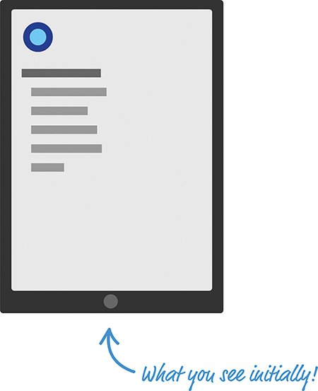 A figure shows a blue circle at the top-left area of the screen, and a list of menu options are displayed below it.