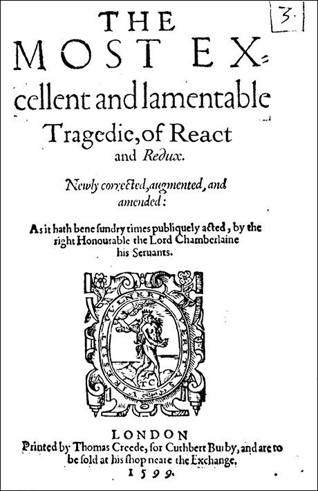 The title page of the famous book "Romeo and Juliet" is shown, with the title rewritten as "The Most Excellent and lamentable tragedy of React and Redux."