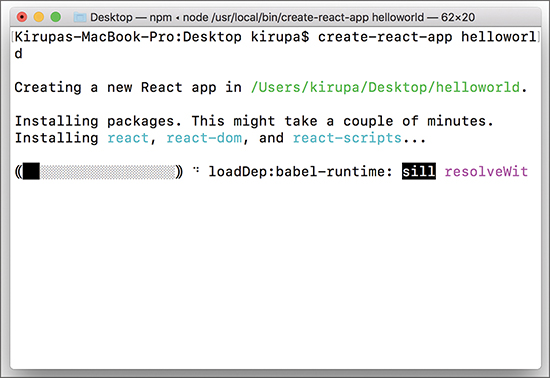 The line "create-react-app helloworld" is entered in the first line of the terminal. A new React app is shown to be installed in the selected location.