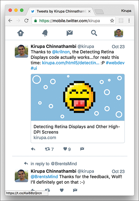 The screenshot shows a web browser displaying the mobile twitter page of Kirupa Chinnathambi, where he is seen to tweet a post on "Detecting Retina Displays and Other High DPI Screens."