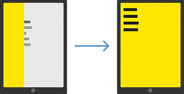 A figure shows the menu options appearing as they slide from the left end of the screen.