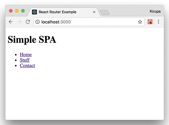 The text "Simple SPA" is displayed in bold at the top-left corner of the screen. The tabs: Home, Stuff, and Contact appear as links below the heading.
