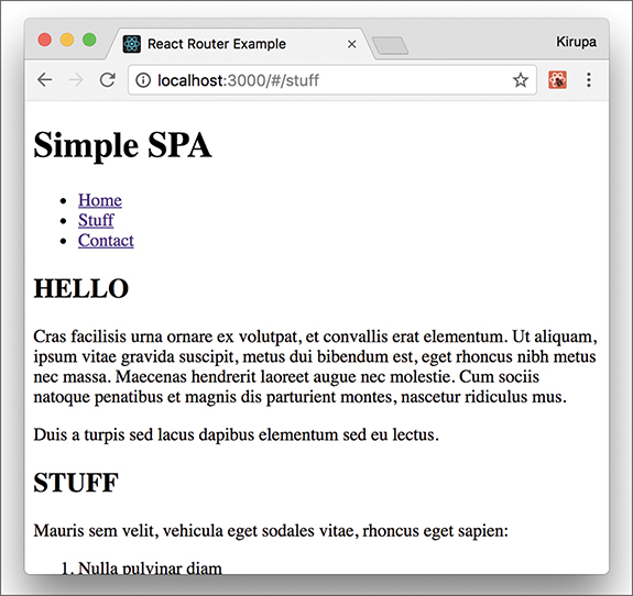 The React Router Example page displays the links: Home, Stuff, and Contact under the heading "Simple SPA." Text under the respective links are present below the heading.