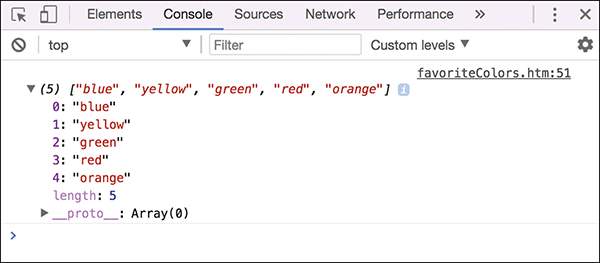The console tab of the developer tools displays the five entries: blue, yellow, green, red, and orange.