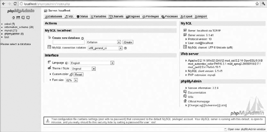 Main page of the phpMyAdmin database management tool