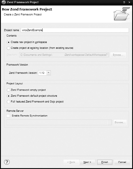 Zend Studio project creation wizard