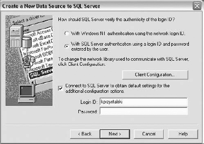 User authentication with Create a New Data Source to SQL Server